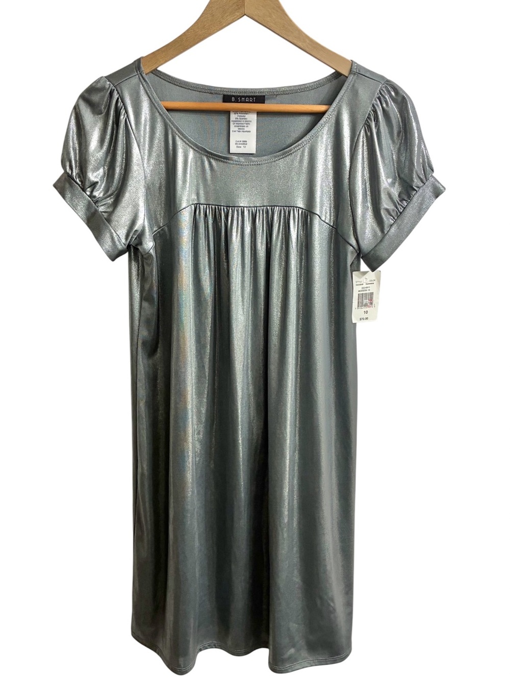 NWT B Smart Women’s 10 Metallic Shiny Silver Dress Short Sleeve New